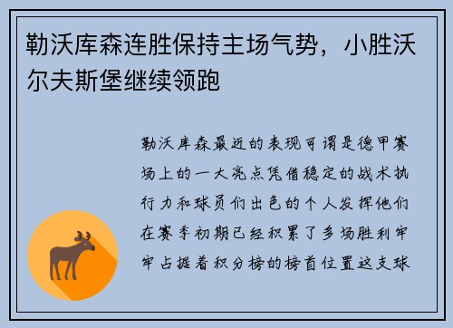 勒沃库森连胜保持主场气势，小胜沃尔夫斯堡继续领跑