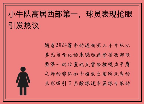 小牛队高居西部第一，球员表现抢眼引发热议
